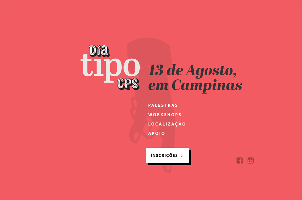 Parte do site para o DiaTipo que mostra a marca do evento, a data dele e os itens 'Palestras', 'Workshops', 'Localização' e 'Apoio'.