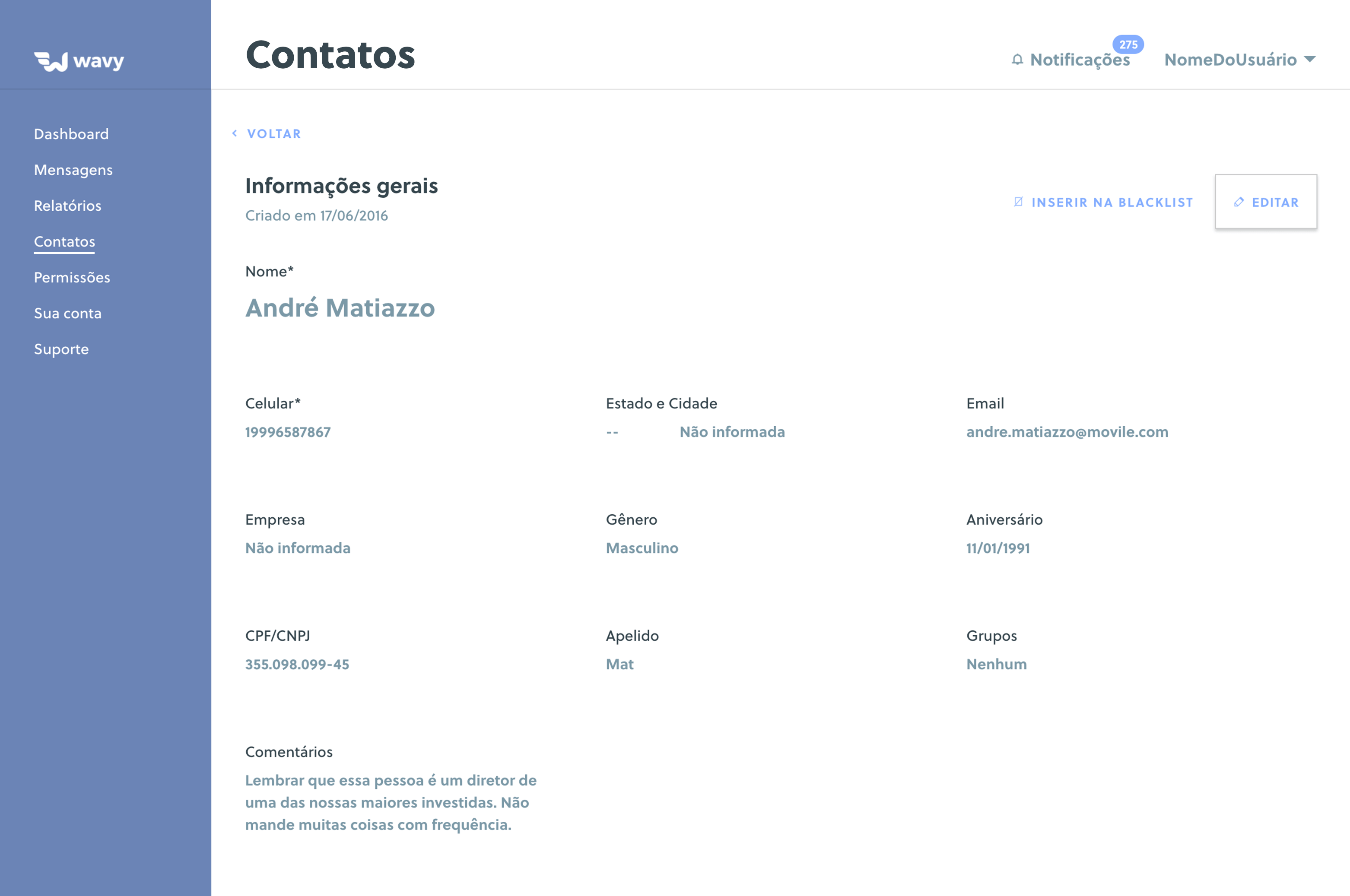 Tela da interface que mostra as informações gerais de um contato, como Nome, Celular, Estado, Empresa, Email entre outros