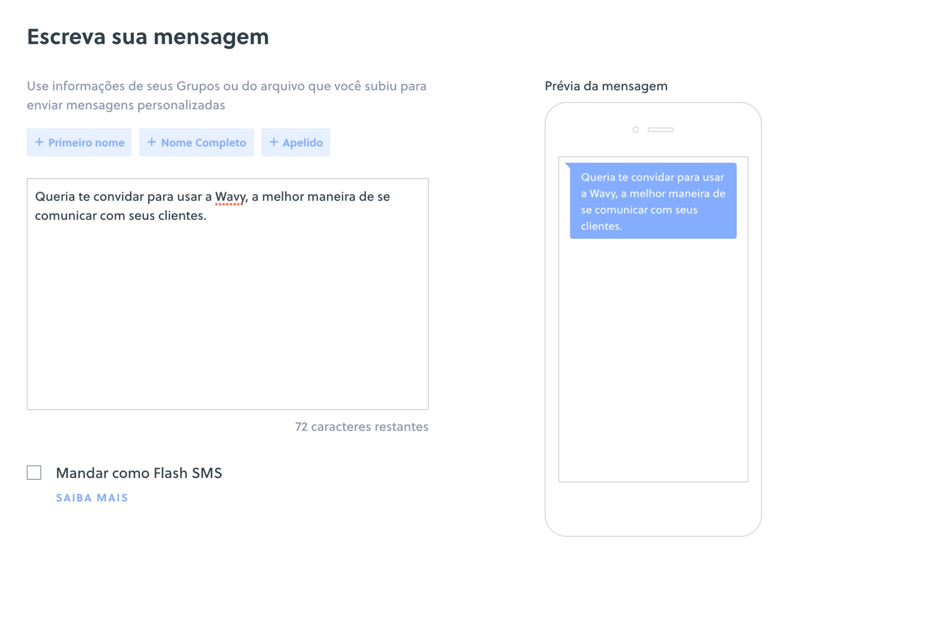 Tela da interface que mostra um campo para digitar uma mensagem de SMS e mostra, ao lado, uma prévia da mensagem no celular