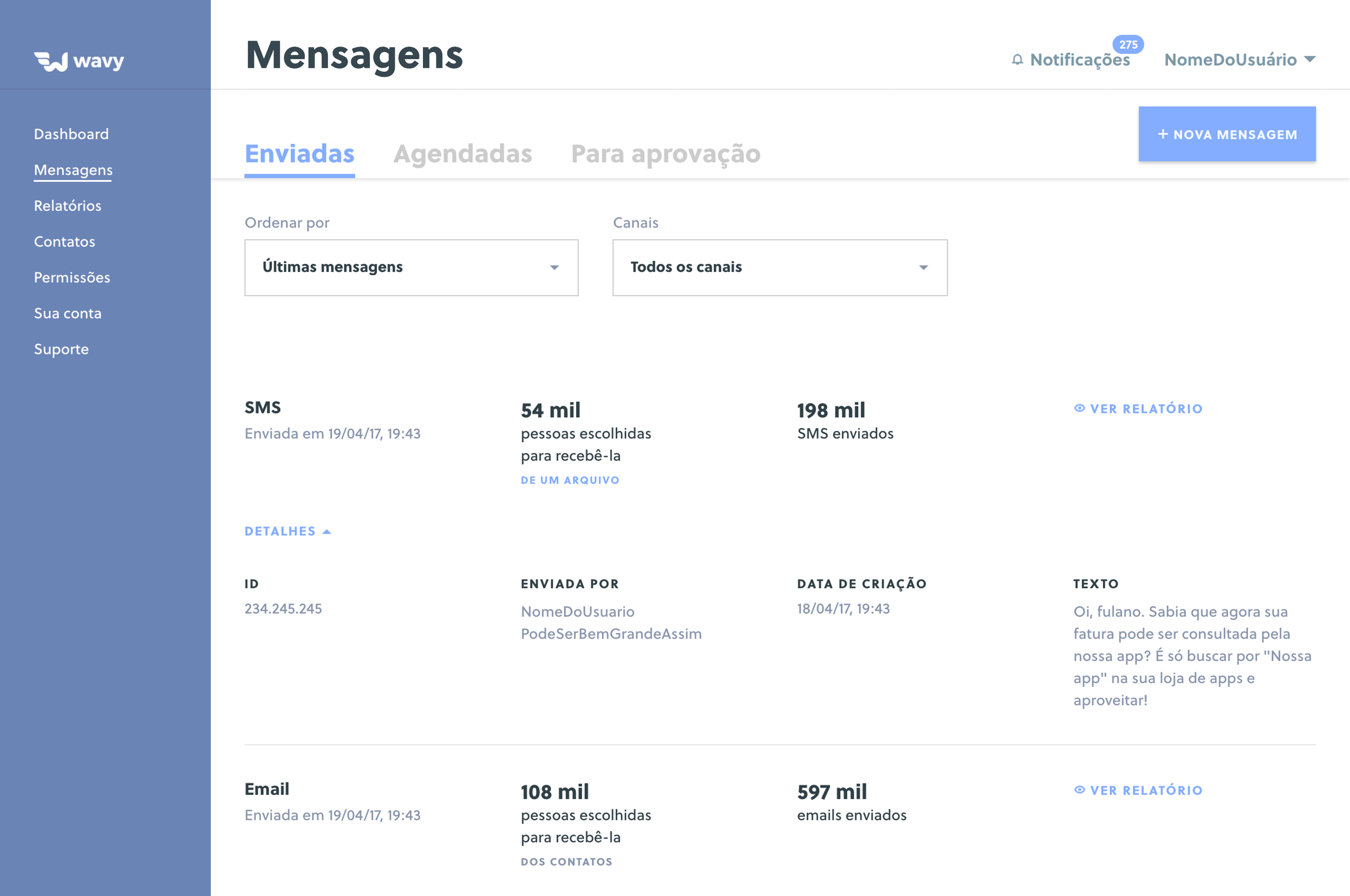 Tela da interface que mostra uma lista das mensagens de SMS e email já enviadas pela interface