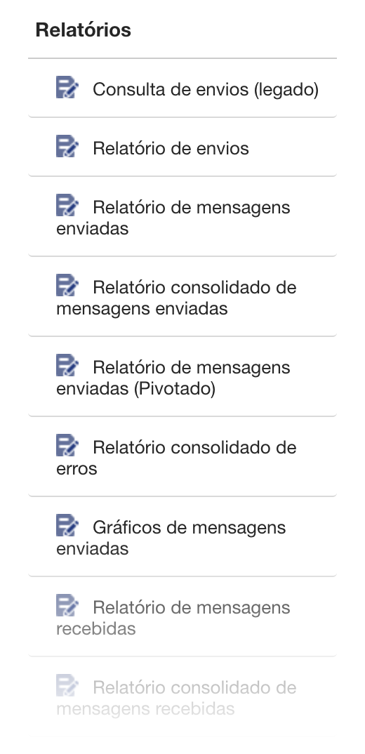 Lista de relatórios antigos da interface, com nomes do tipo 'Relatório de envios', 'Relatório de mensagens enviadas' e 'Relatório consolidado de mensagens enviadas' 